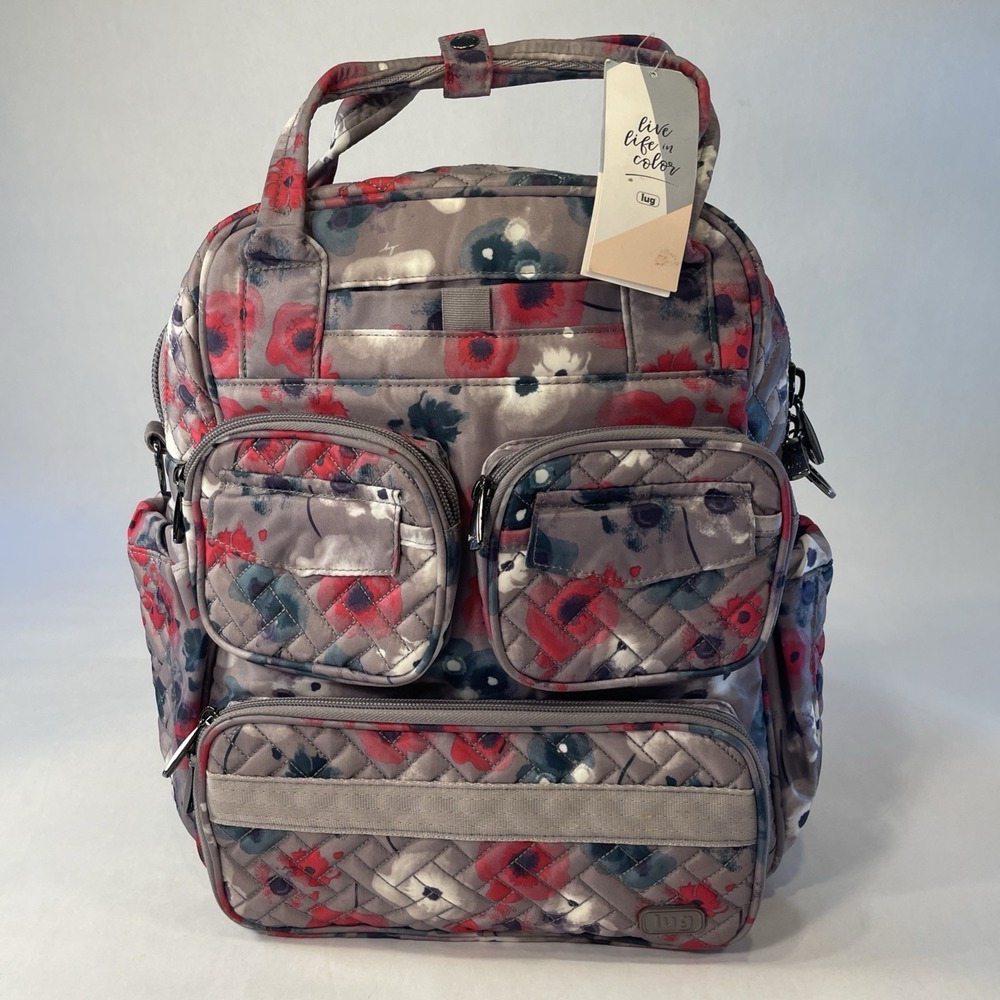 Lug Mini Puddle Jumper Gray Pink Blue Floral Convertible Shoulder Travel Bag
